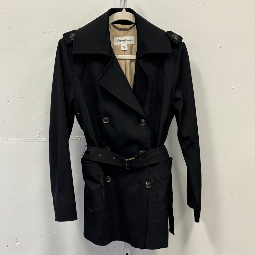 Calvin Klein Black Double Breasted Belted Trench Coat Jacket XS Epaulettes